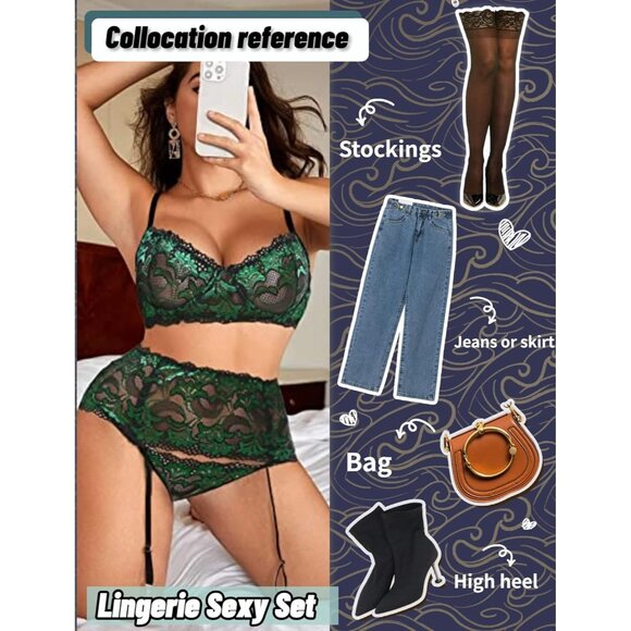 Women Green Lingerie Set High Waisted Underwire Lingerie With Garter Belt Lace - Picture 5 of 6